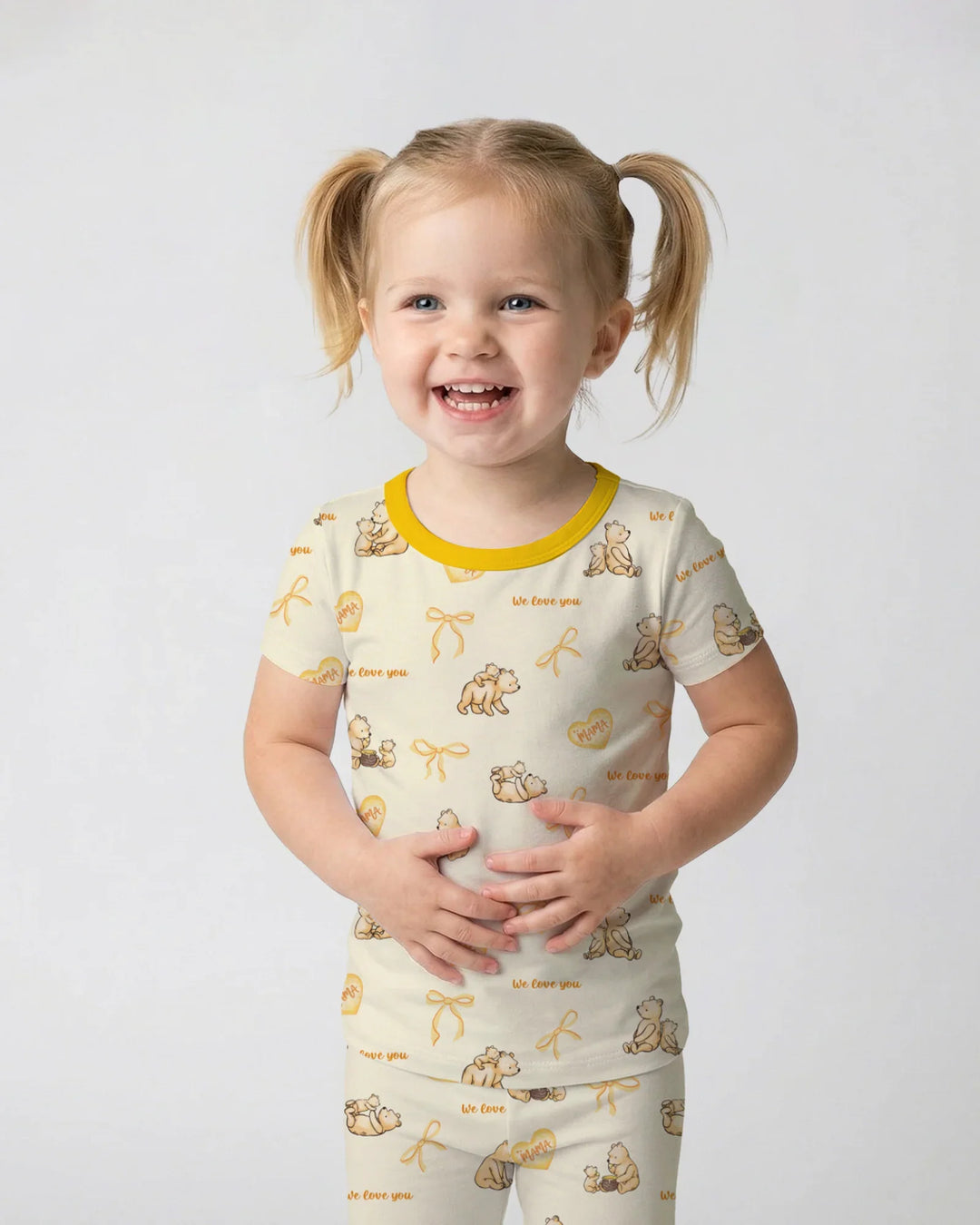 Sweat Yellow Mama Bear Two Piece Short Sleeve Pajama Set