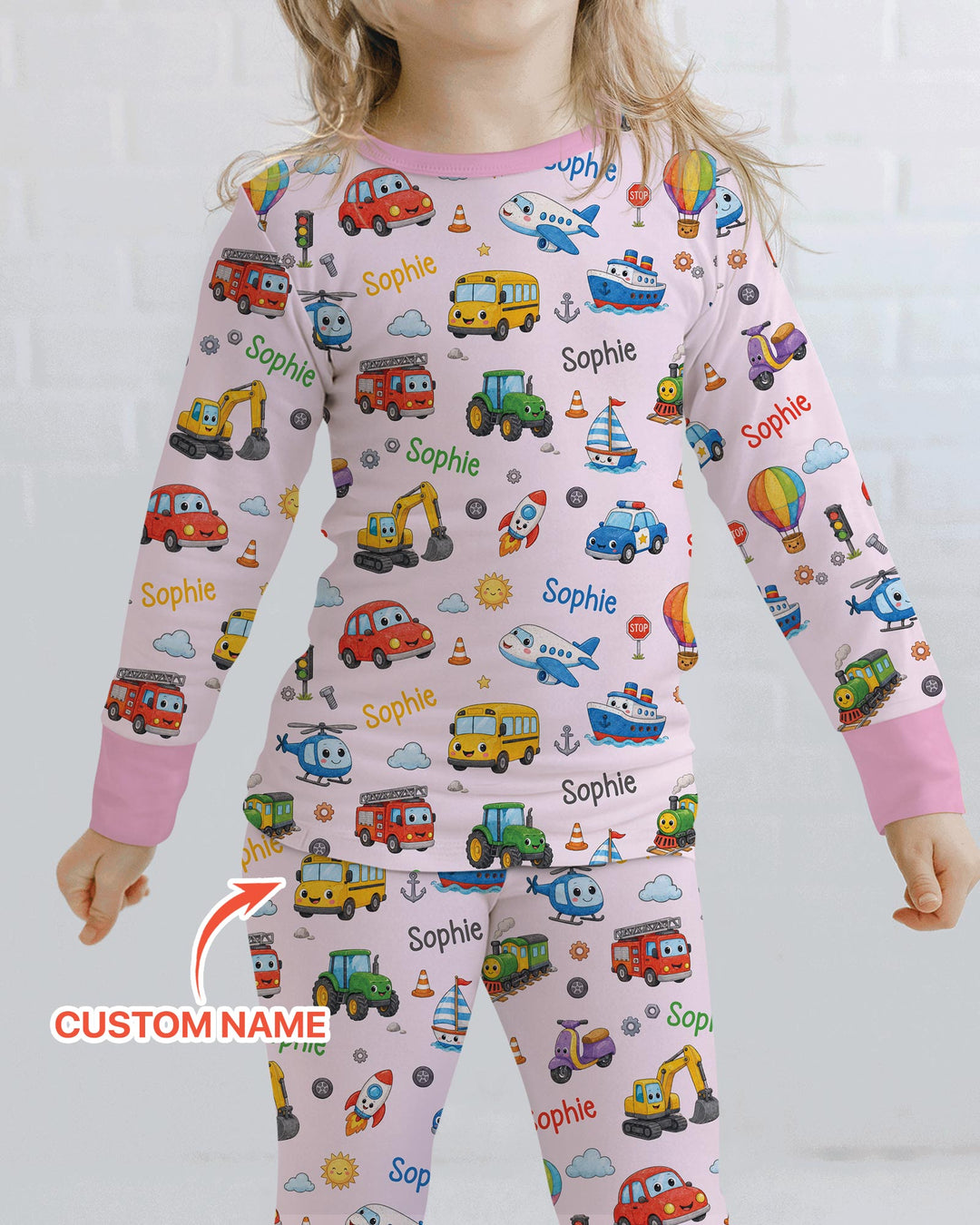 Custom Name Cute Transport Bamboo Two Piece Long Sleeve Pajama Set