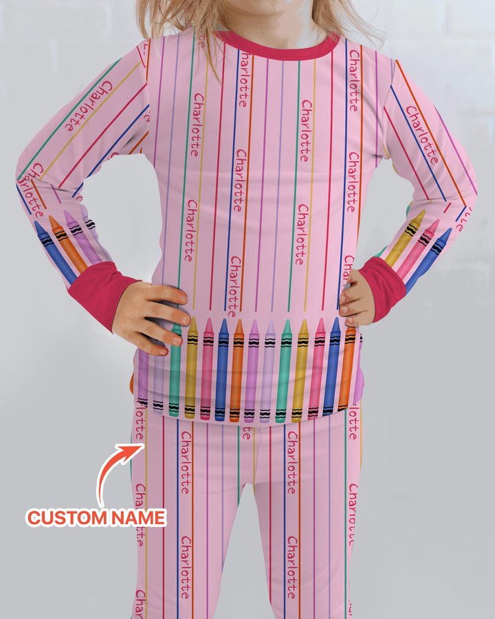 Custom Name Crayon Lines Bamboo Two Piece Long Sleeve Pajama Set