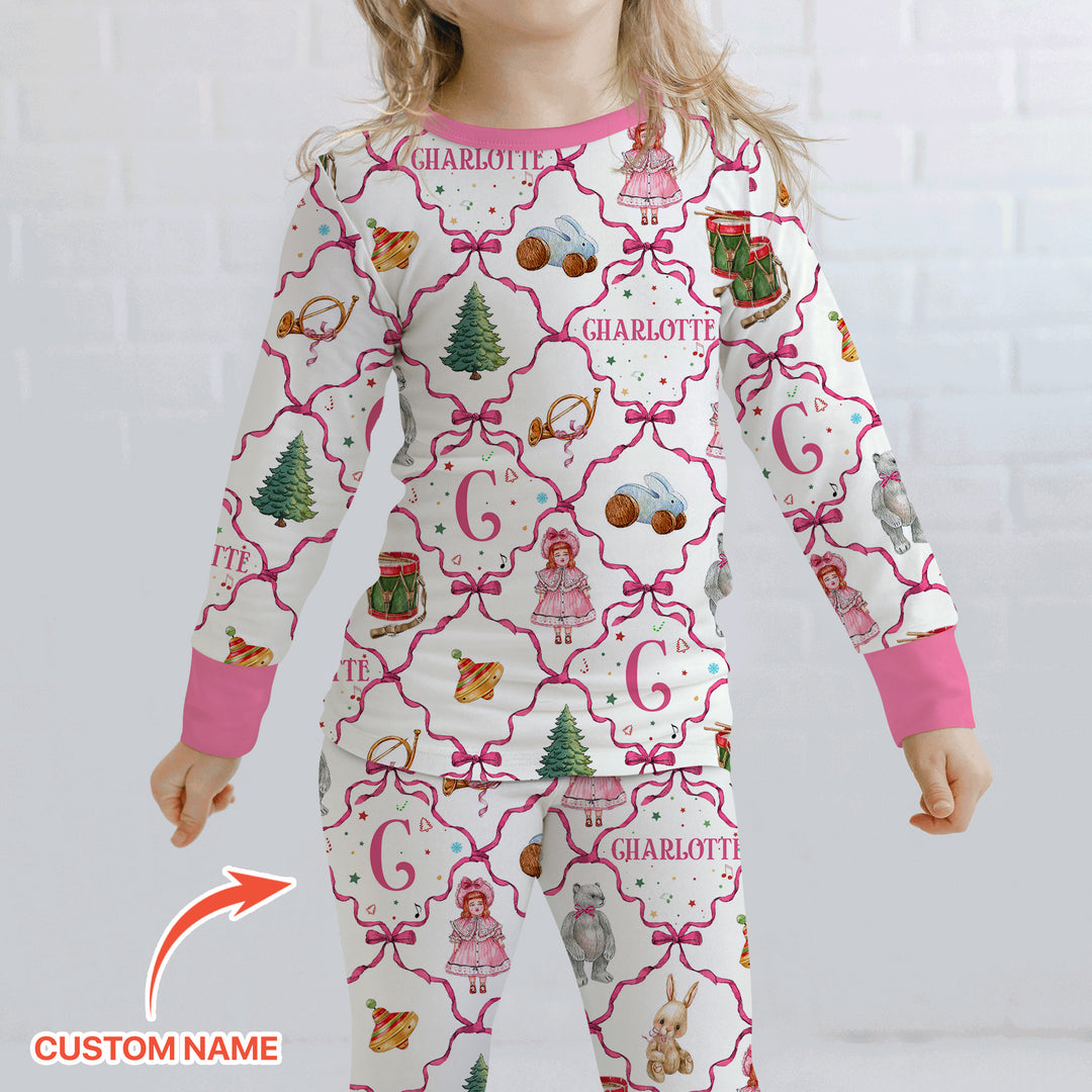 Vintage Christmas Toy Custom Name Girl Two Piece Long Sleeve Pajama Set
