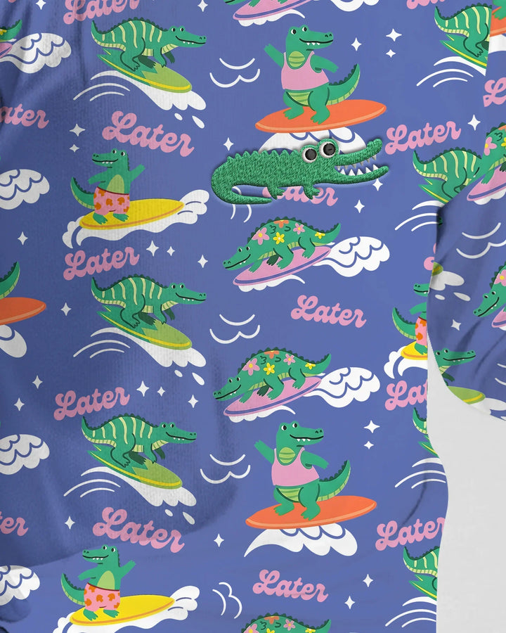 Conjunto de pijama de dos piezas de bambú de manga larga con cocodrilo bordado para verano