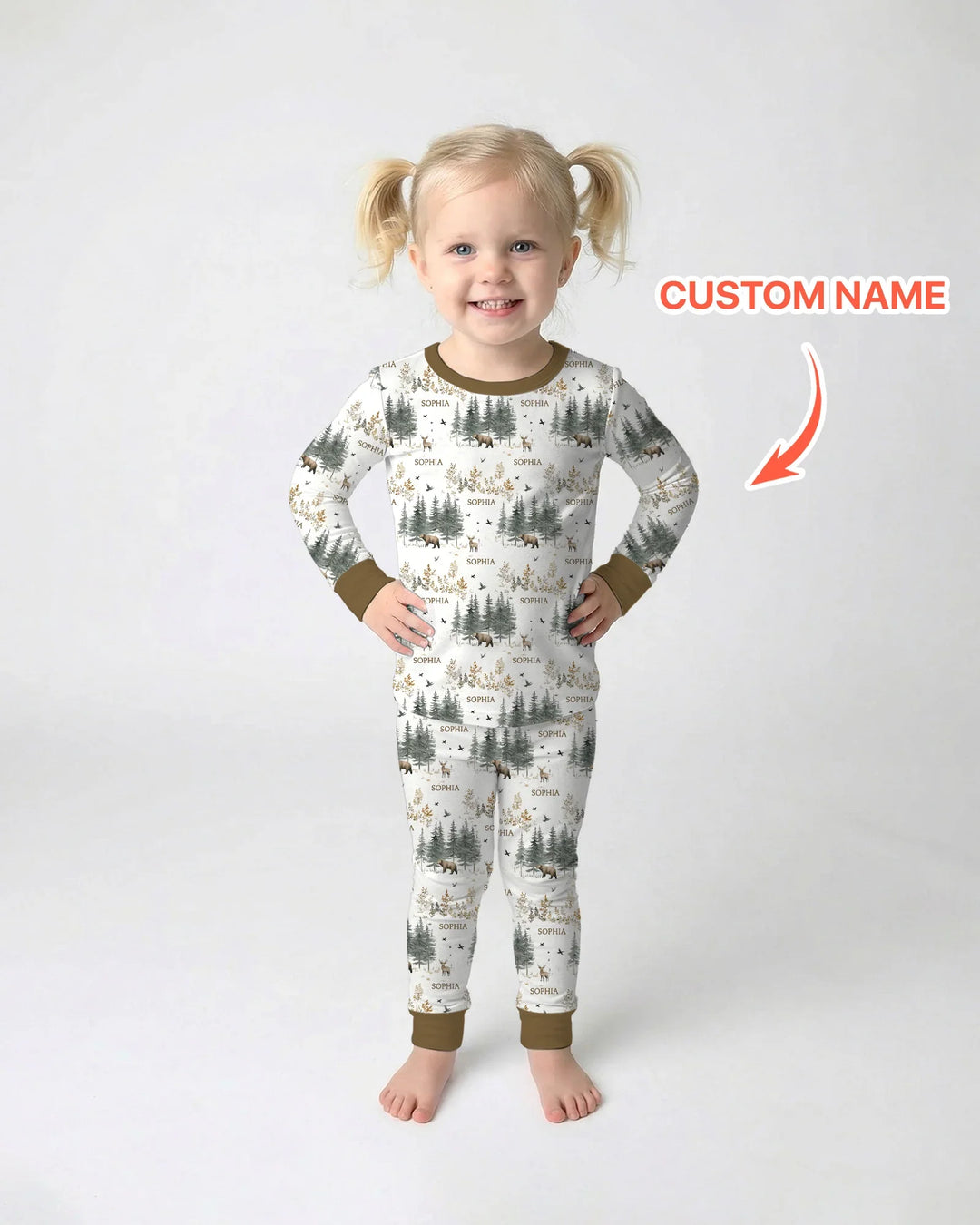 Custom Name Forest Bear Deer Bamboo Two Piece Long Sleeve Pajama Set