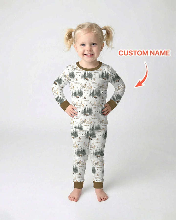 Custom Name Forest Bear Deer Bamboo Two Piece Long Sleeve Pajama Set