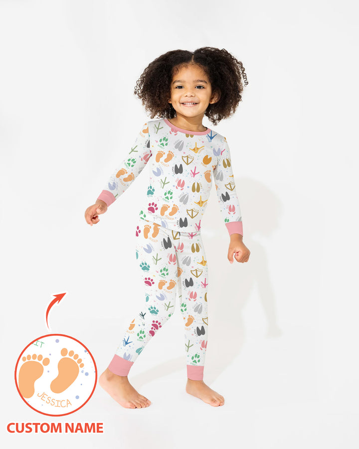 Cute Farm Animal Tracks Custom Name Bamboo Two Piece Long Sleeve Pajama Set
