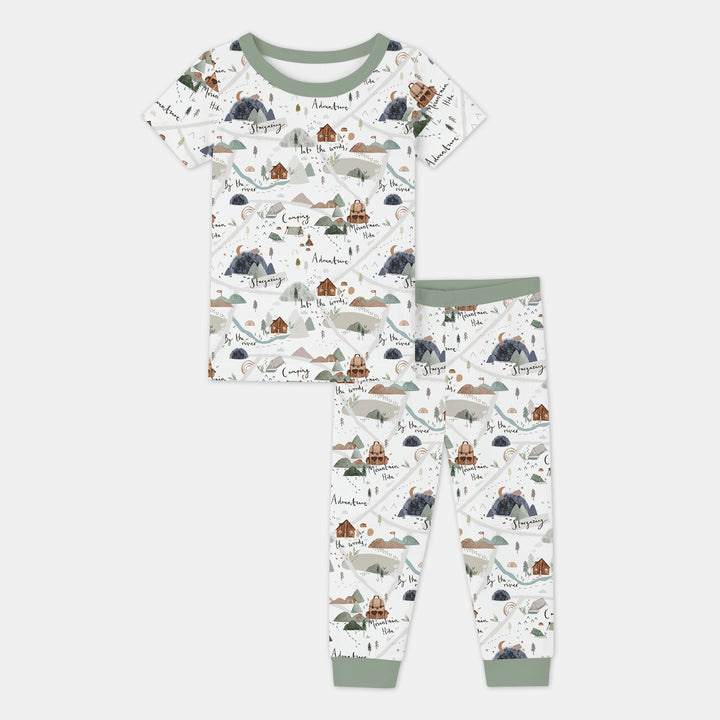 Camping Route Map Two Piece Short Sleeve Pajama Set