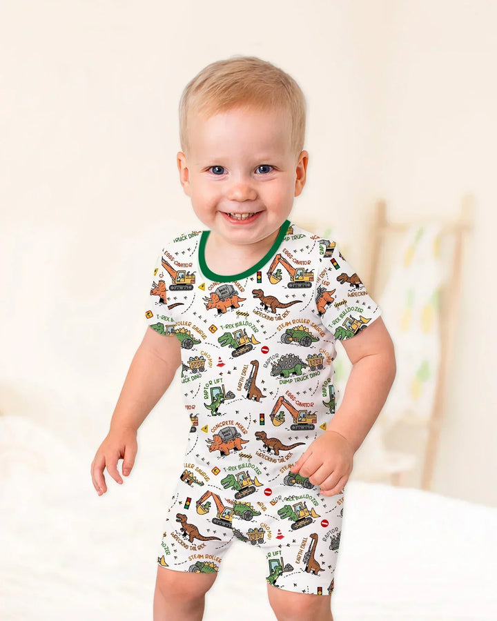 Conjunto de pijama de dos piezas de bambú con camión de construcción de dinosaurios, camiseta de manga corta y pantalón corto