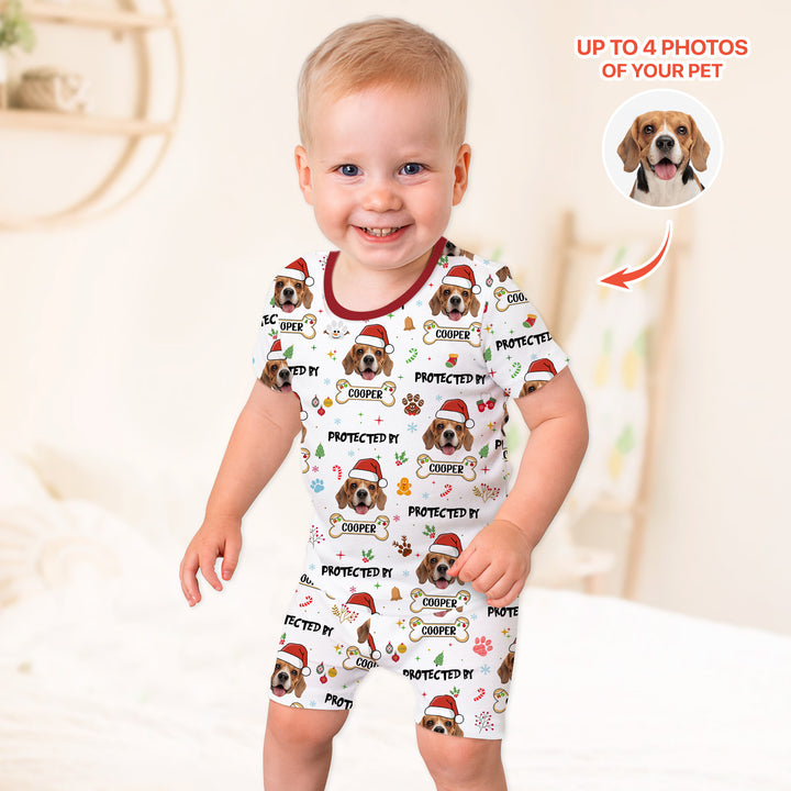 Custom Dog Photo "Protected By" Christmas Two Piece Short Sleeve Shorts Pajama Set