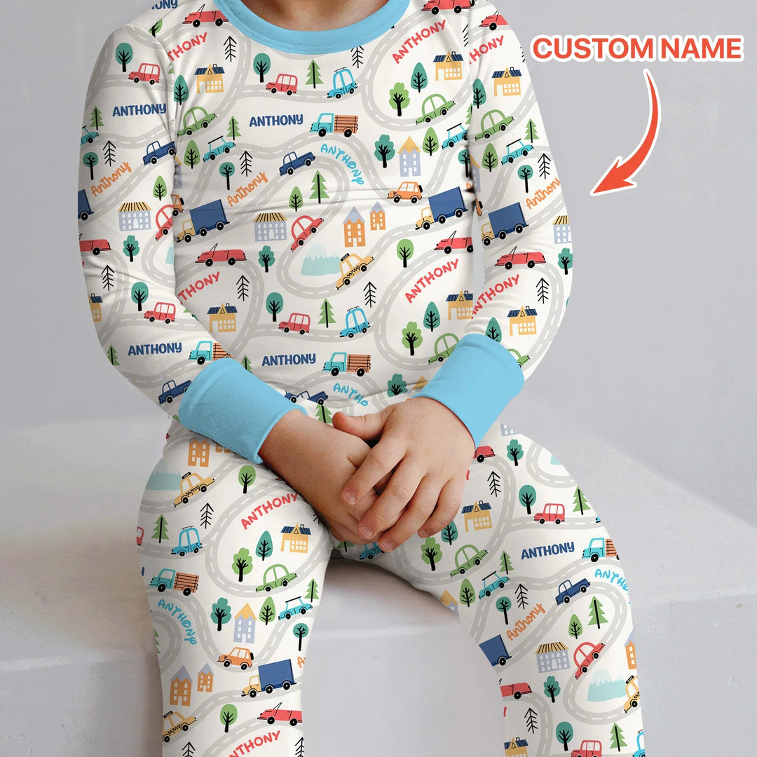 Custom Name Road Map Two Piece Long Sleeve Pajama Set