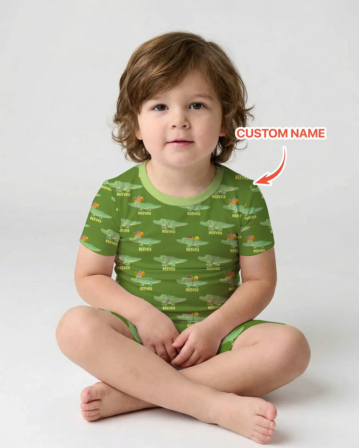 Custom Name Mardi Gras Gator Two Piece Short Sleeve Shorts Pajama Set