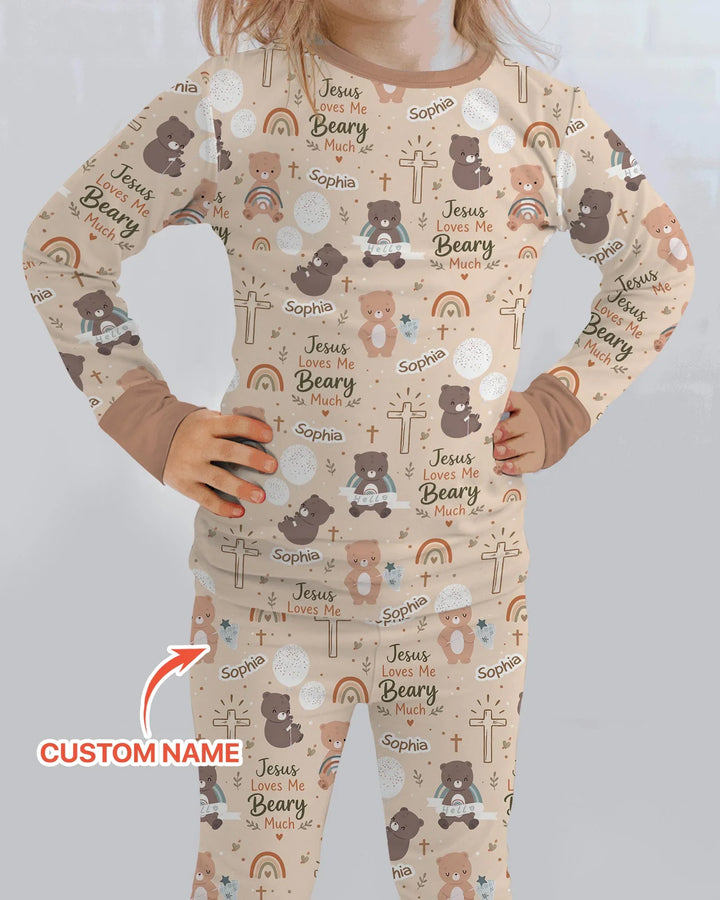 Custom Name Jesus Loves Me Beary Much Bamboo Two Piece Long Sleeve Pajama Set
