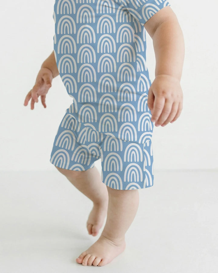 Sky Blue Rainbows Bamboo Two Piece Short Sleeve Shorts Pajama Set