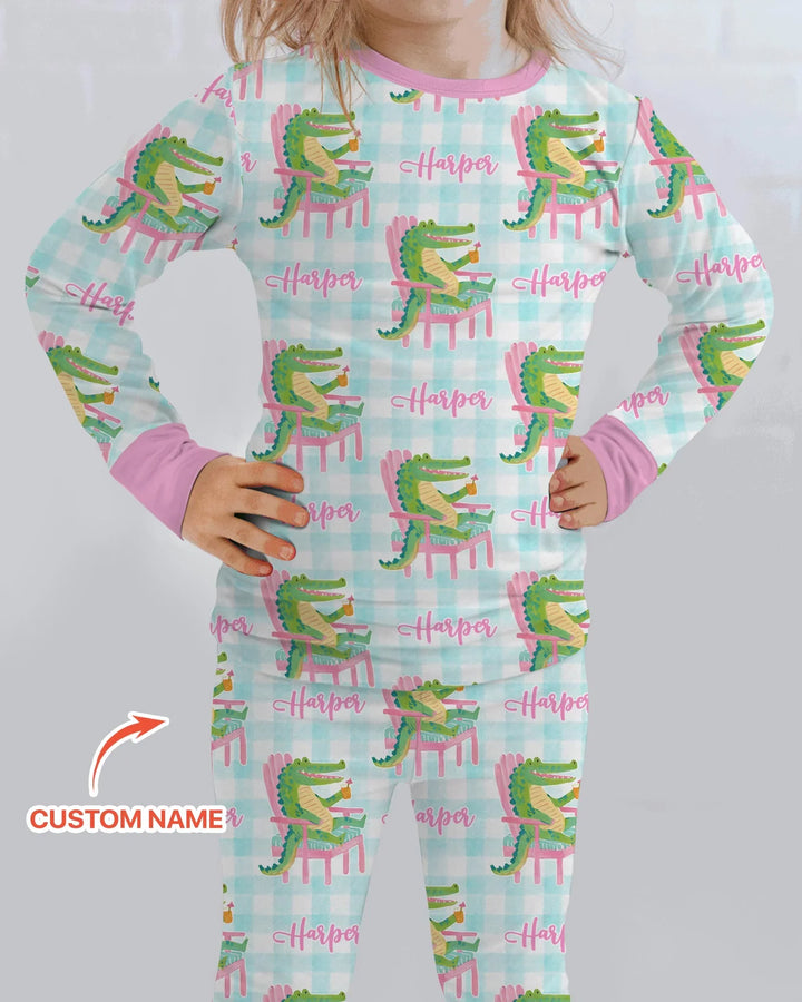 Custom Name Preppy Later Gator Bamboo Two Piece Long Sleeve Pajama Set