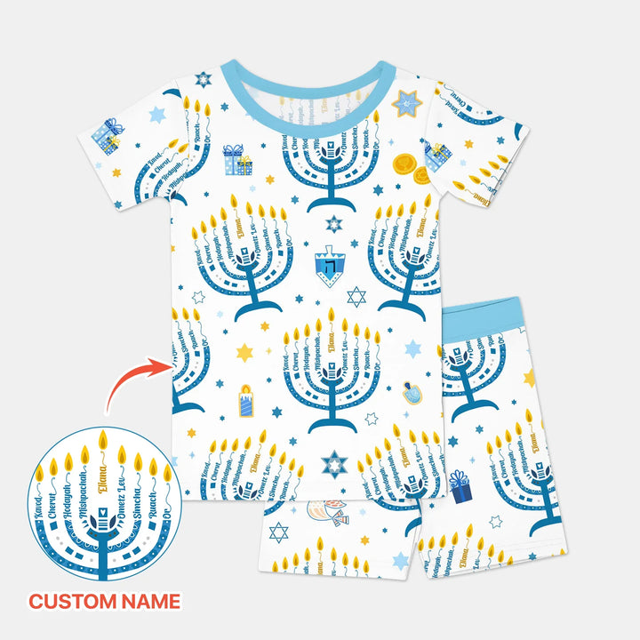 Hanukkah Custom Name Two Piece Short Sleeve Shorts Pajama Set