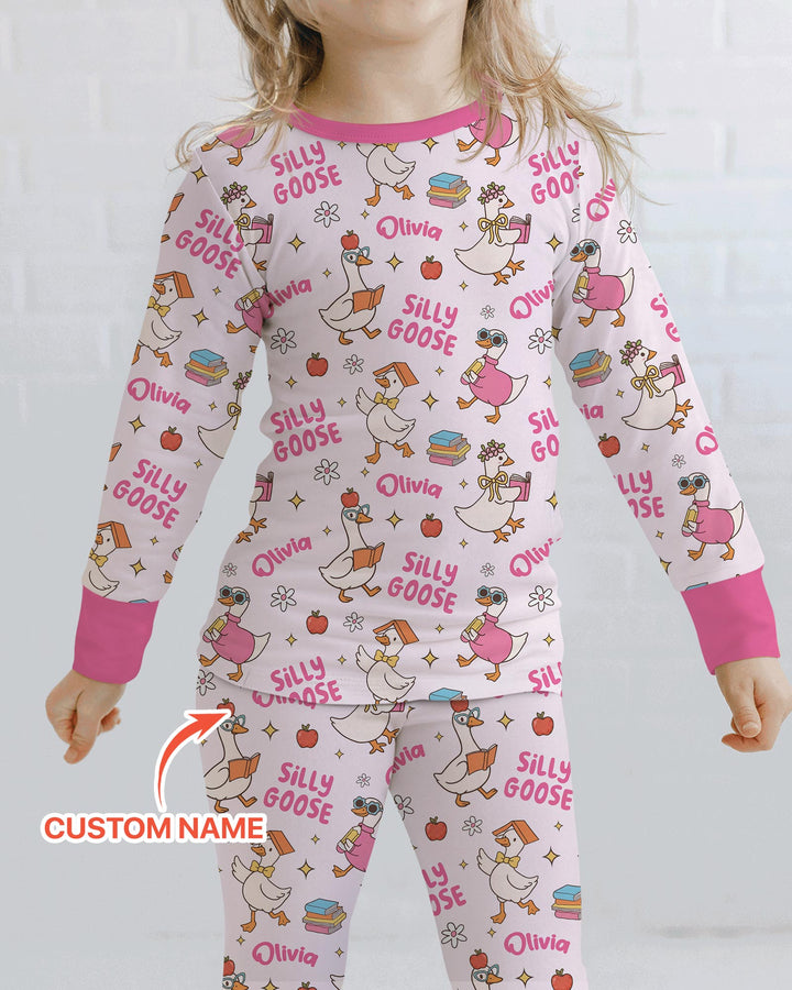 Custom Name Silly Goose Back to School Bamboo Two Piece Long Sleeve Pajama Set
