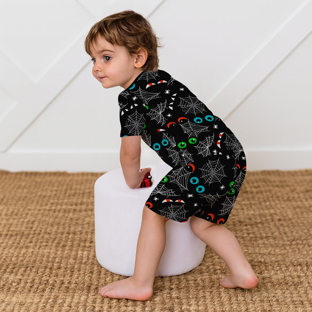 Glow In The Dark Creepy Spiderweb Two Piece Short Sleeve Shorts Pajama Set