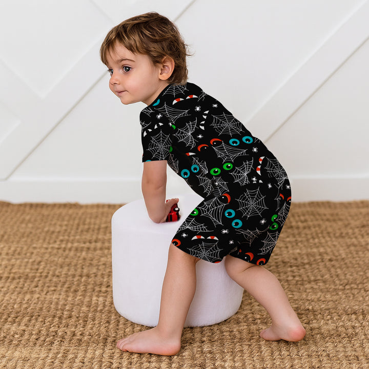 Glow In The Dark Creepy Spiderweb Two Piece Short Sleeve Shorts Pajama Set
