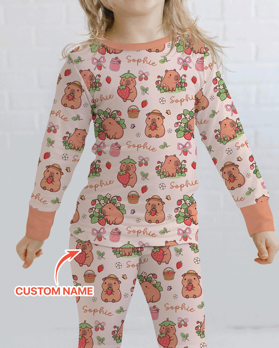 Custom Name Capybara Strawberry Bamboo Two Piece Long Sleeve Pajama Set