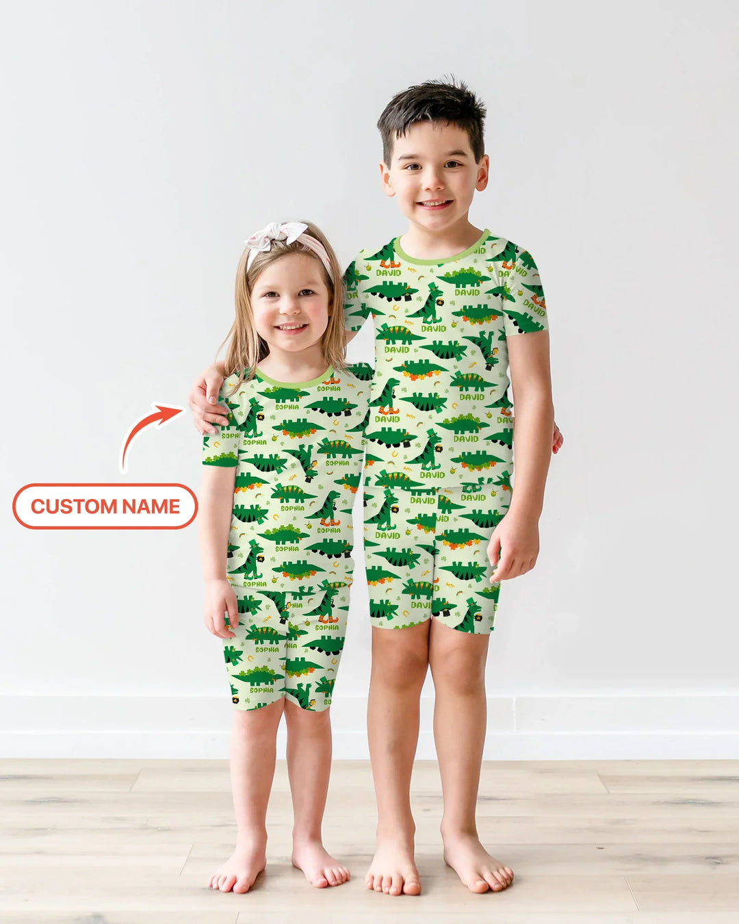 St. Patrick's Day Dinosaurs Custom Two Piece Short Sleeve Shorts Pajama Set