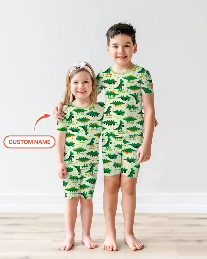 St. Patrick's Day Dinosaurs Custom Two Piece Short Sleeve Shorts Pajama Set