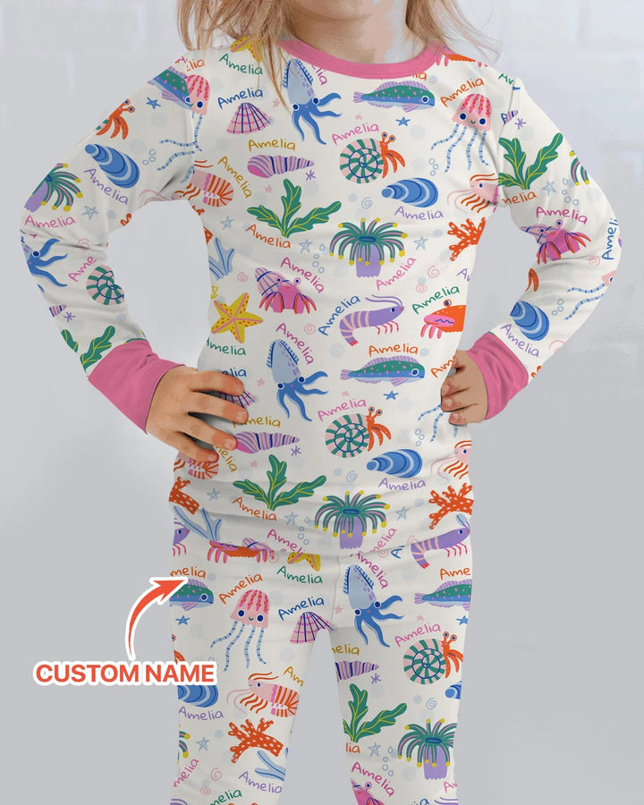 Tide Pool Pals Custom Name Bamboo Two Piece Long Sleeve Pajama Set