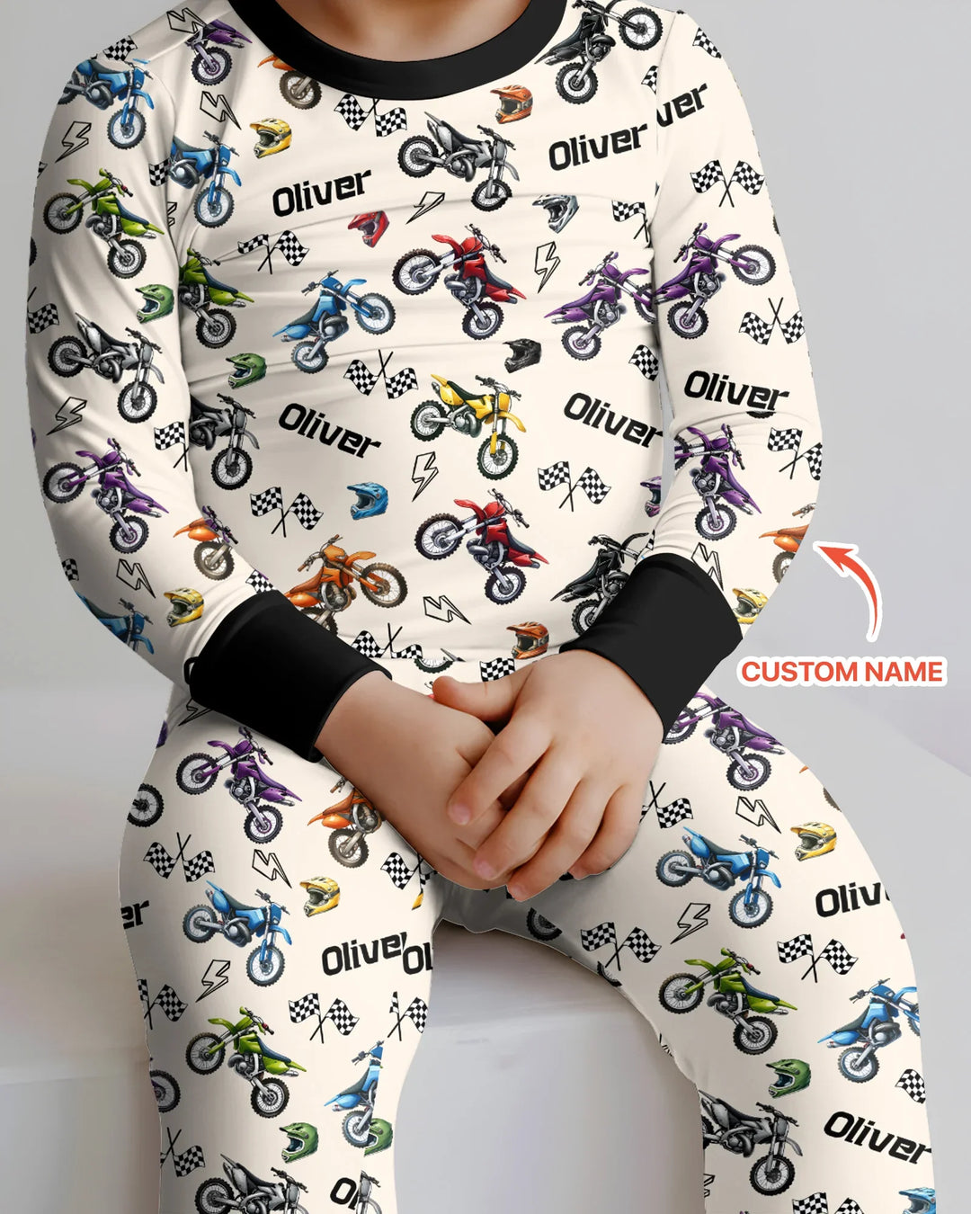 Custom Name Little Dirt Bike Rider Bamboo Two Piece Long Sleeve Pajama Set