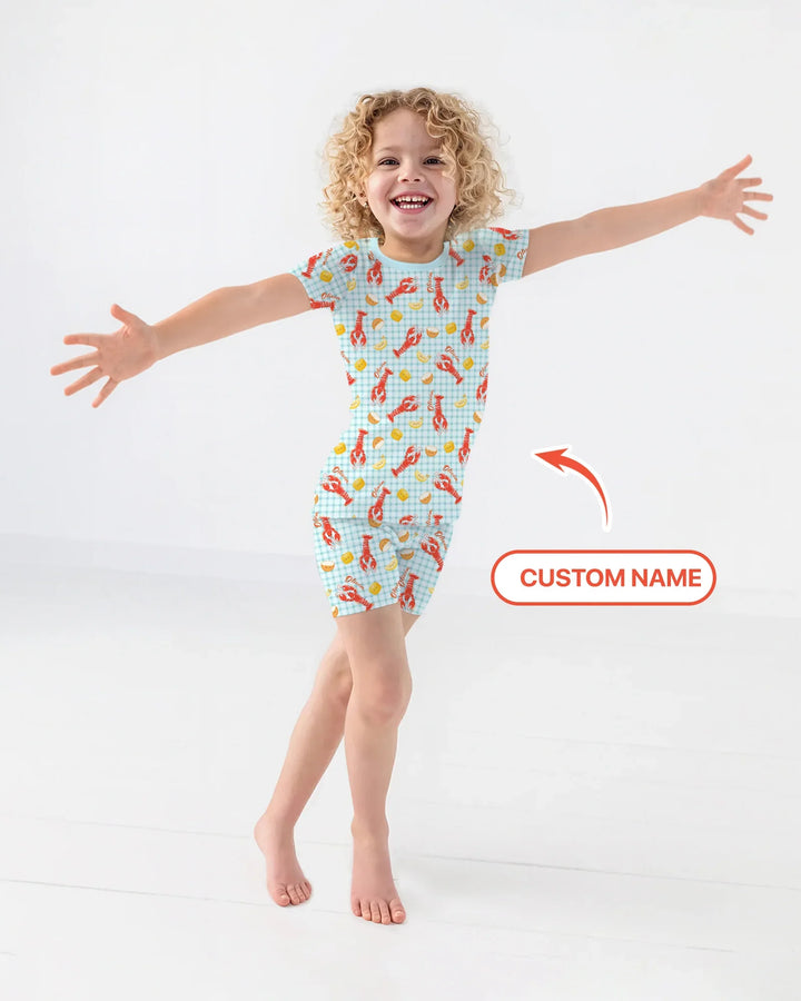 Pijama de dos piezas de bambú con nombre personalizado, diseño de cangrejo preppy, de manga corta y pantalones cortos