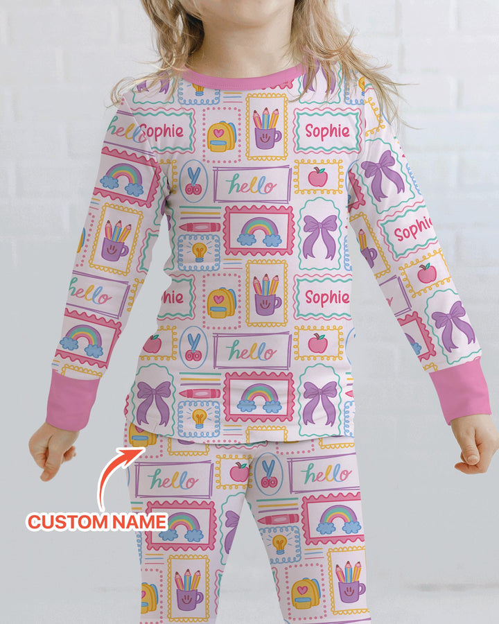 Custom Name Hello School Bamboo Two Piece Long Sleeve Pajama Set