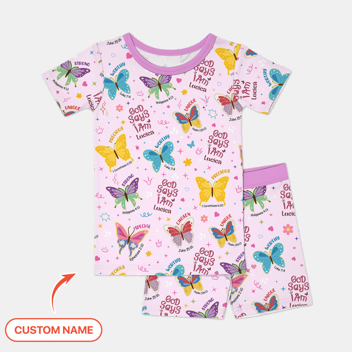 God Says I Am Custom Name Girl Version Two Piece Short Sleeve Shorts Pajama Set