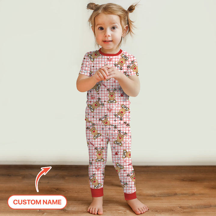 Custom Name Reindeer Gingham Two Piece Short Sleeve Pajama Set