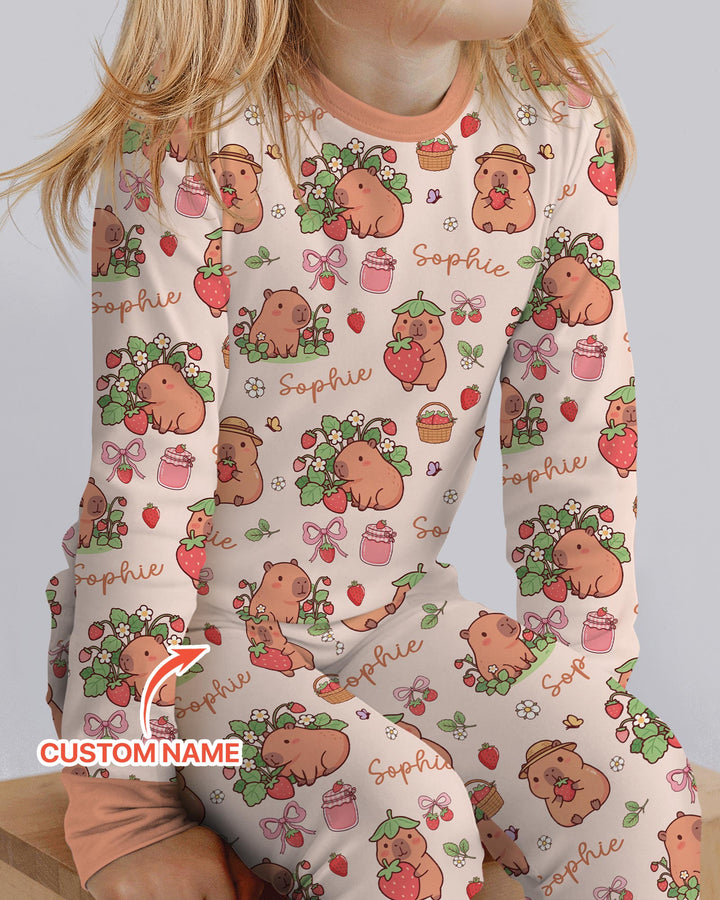 Custom Name Capybara Strawberry Bamboo Two Piece Long Sleeve Pajama Set