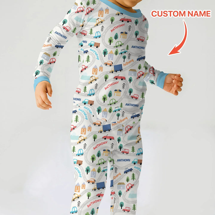 Custom Name Road Map Two Piece Long Sleeve Pajama Set