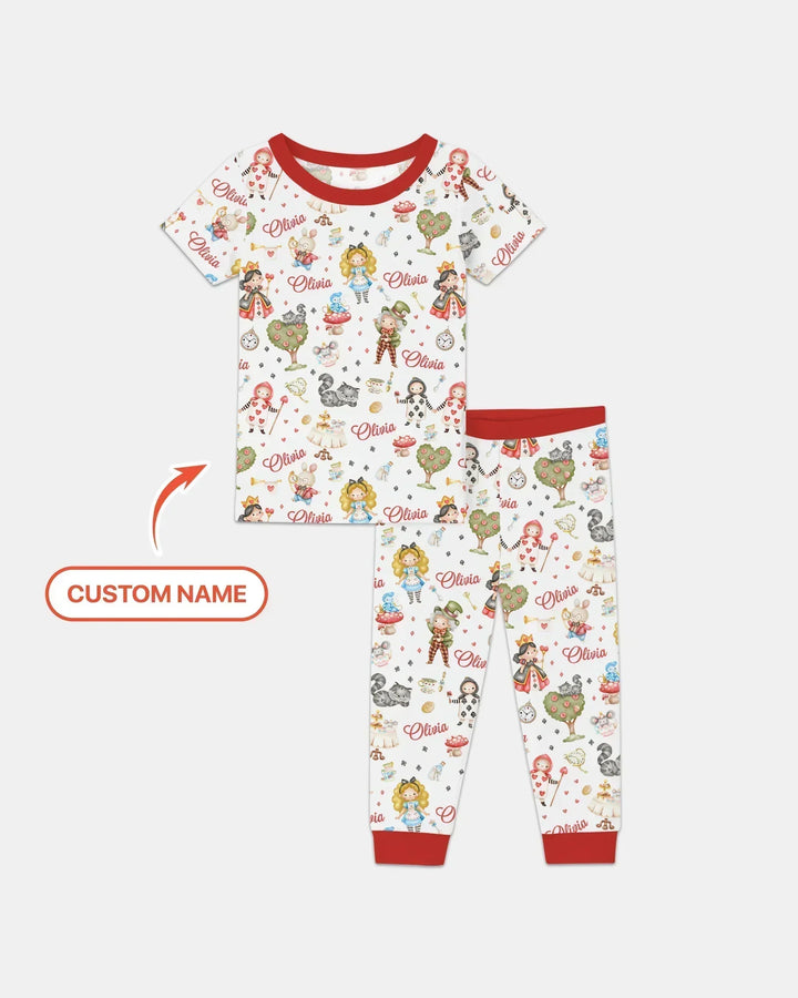 Whimsical Wonderland Tea Party Custom Name Two Piece Short Sleeve Pajama Set