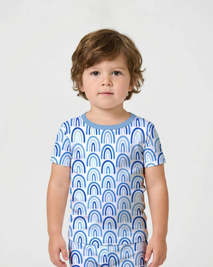 Sky Blue Rainbows Bamboo Two Piece Short Sleeve Shorts Pajama Set