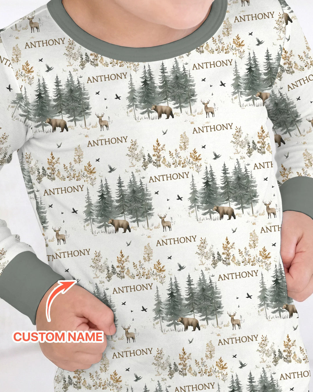 Custom Name Forest Bear Deer Bamboo Two Piece Long Sleeve Pajama Set