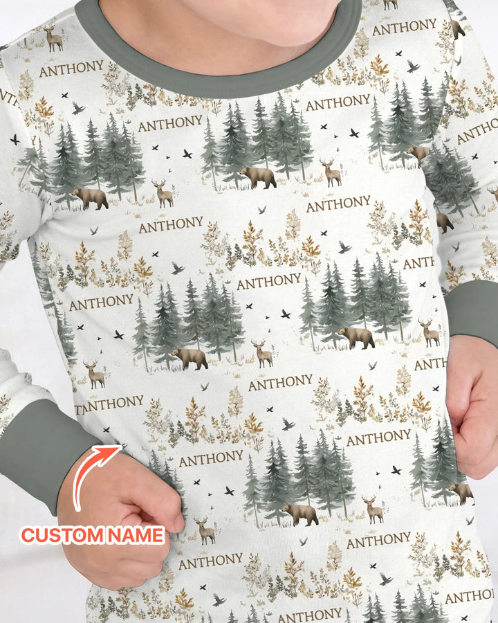 Custom Name Forest Bear Deer Bamboo Two Piece Long Sleeve Pajama Set