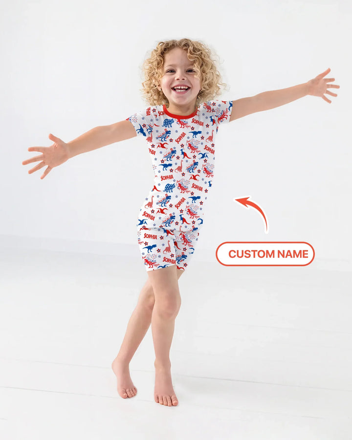 Custom Name Patriotic Dinosaur Bamboo Two Piece Short Sleeve Shorts Pajama Set