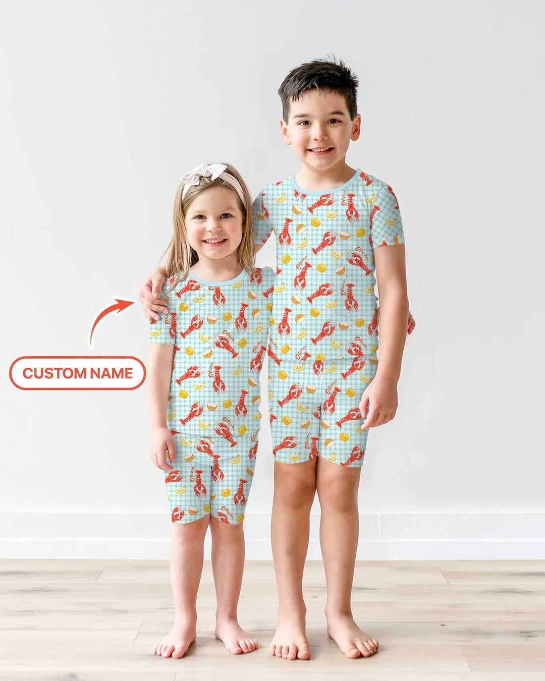 Pijama de dos piezas de bambú con nombre personalizado, diseño de cangrejo preppy, de manga corta y pantalones cortos