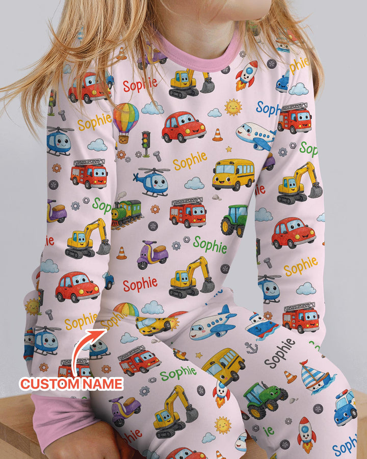 Custom Name Cute Transport Bamboo Two Piece Long Sleeve Pajama Set