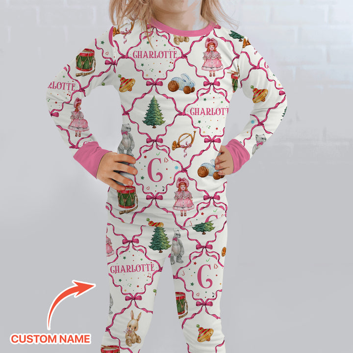 Vintage Christmas Toy Custom Name Girl Two Piece Long Sleeve Pajama Set