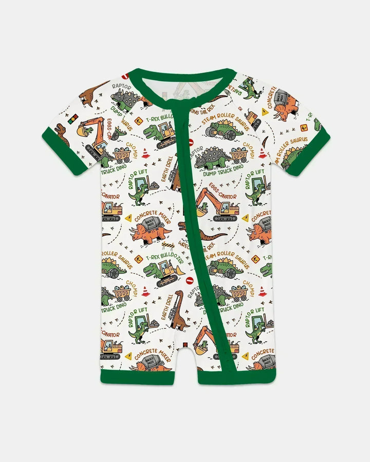 Camión de construcción de dinosaurios Pijama corto de bambú con cremallera