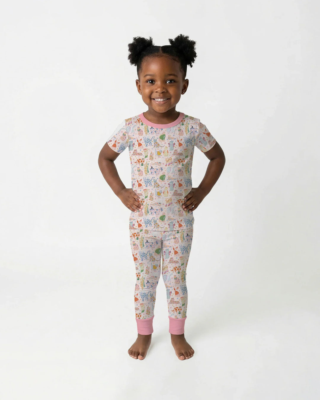 Whimsical Cat Parade Two Piece Short Sleeve Pajama Set