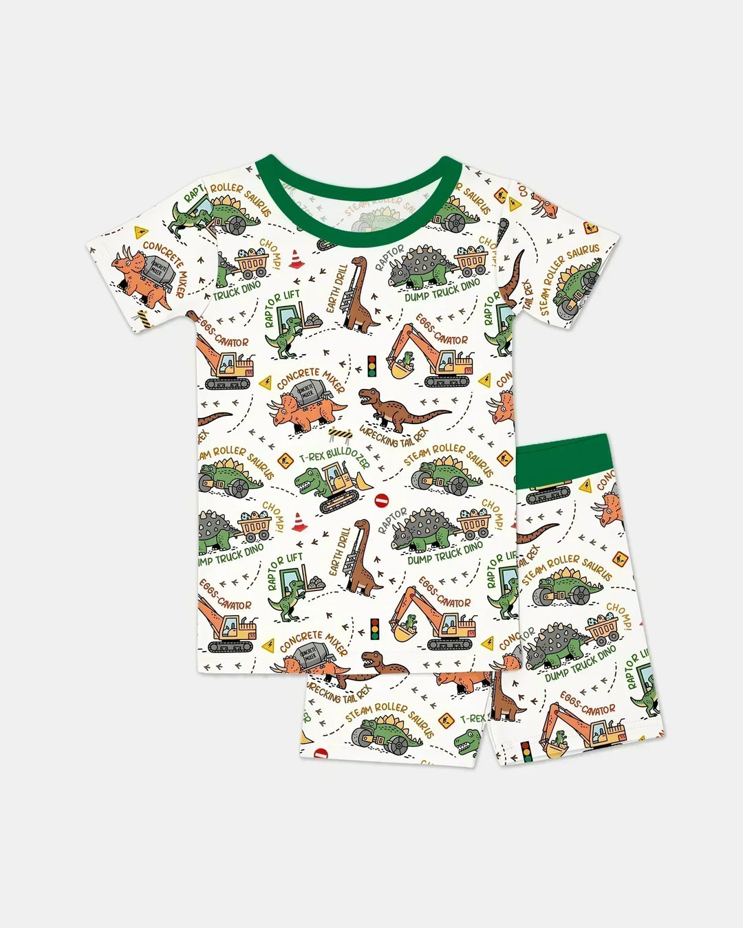 Conjunto de pijama de dos piezas de bambú con camión de construcción de dinosaurios, camiseta de manga corta y pantalón corto