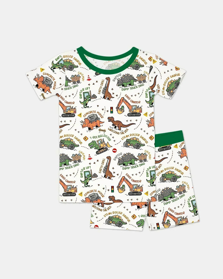Conjunto de pijama de dos piezas de bambú con camión de construcción de dinosaurios, camiseta de manga corta y pantalón corto