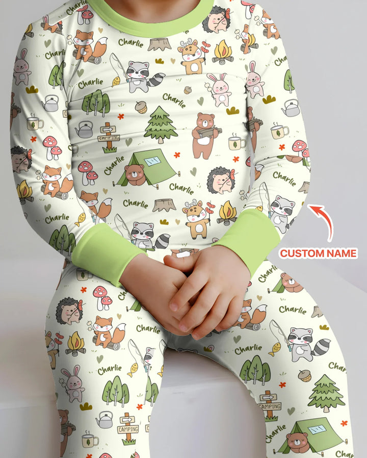 Custom Name Little Camp Buddies Bamboo Two Piece Long Sleeve Pajama Set