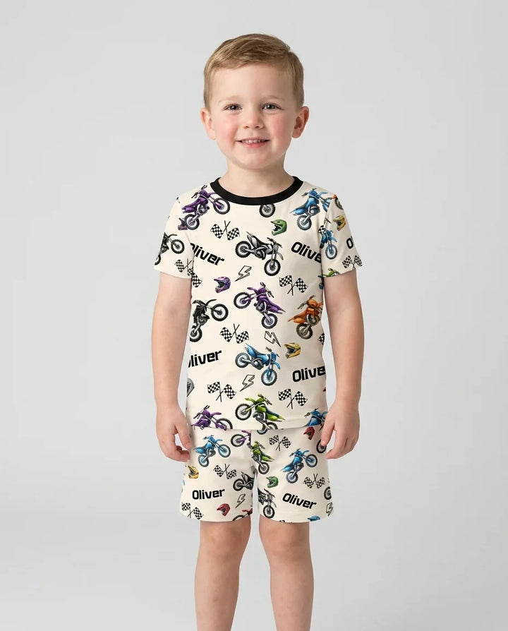 Custom Name Little Dirt Bike Rider Bamboo Two Piece Short Sleeve Shorts Pajama Set
