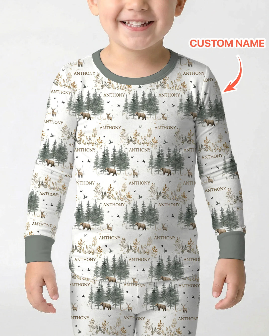 Custom Name Forest Bear Deer Bamboo Two Piece Long Sleeve Pajama Set