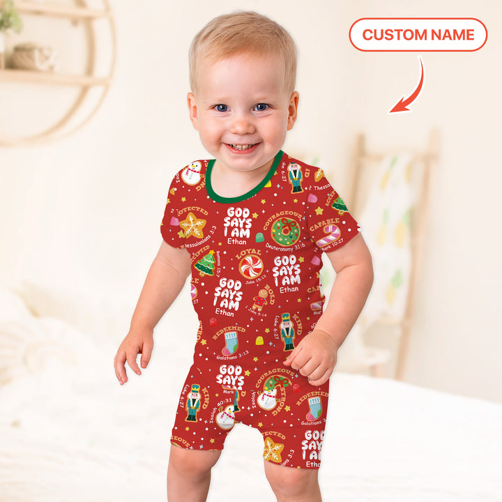 Merry Christmas God Says I Am Custom Name Two Piece Short Sleeve Shorts Pajama Set