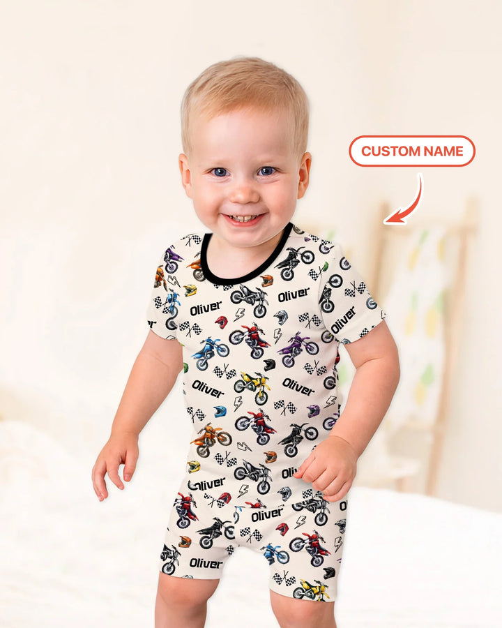 Custom Name Little Dirt Bike Rider Bamboo Two Piece Short Sleeve Shorts Pajama Set