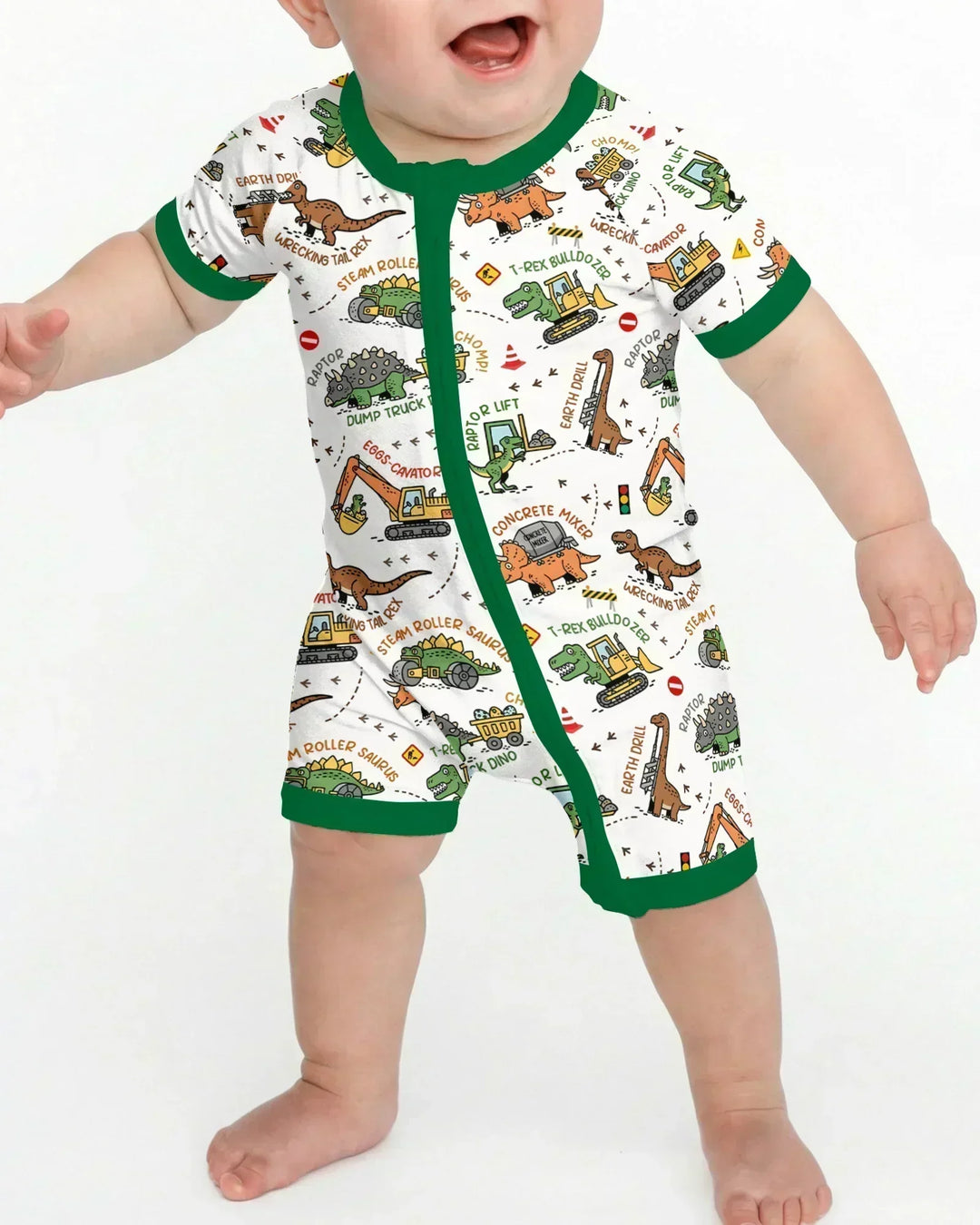 Camión de construcción de dinosaurios Pijama corto de bambú con cremallera
