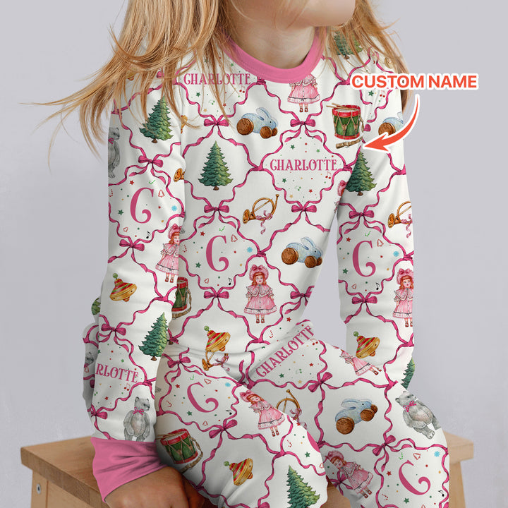 Vintage Christmas Toy Custom Name Girl Two Piece Long Sleeve Pajama Set
